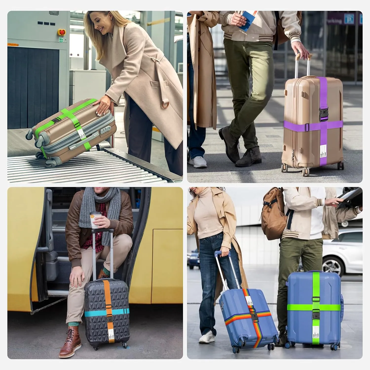 BILIONE Luggage Straps 88 inch Adjustable Suitcase Belt, Lockable Against Accidental Opening, Easy to Identify Travel Accessories, Add a Bag Connector Holds Suitcase Together (Energetic Green, 2)