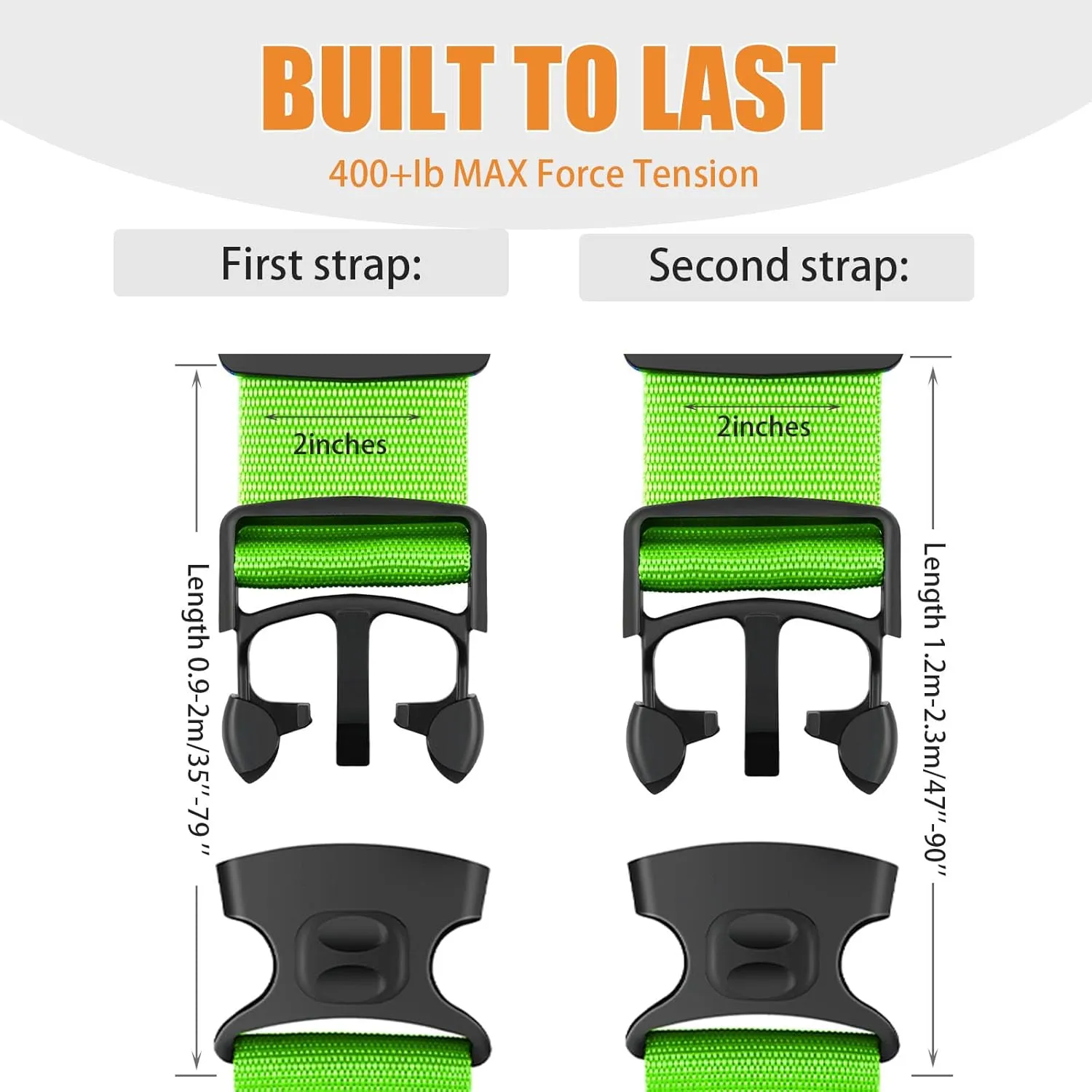 BILIONE Luggage Straps 88 inch Adjustable Suitcase Belt, Lockable Against Accidental Opening, Easy to Identify Travel Accessories, Add a Bag Connector Holds Suitcase Together (Energetic Green, 2)