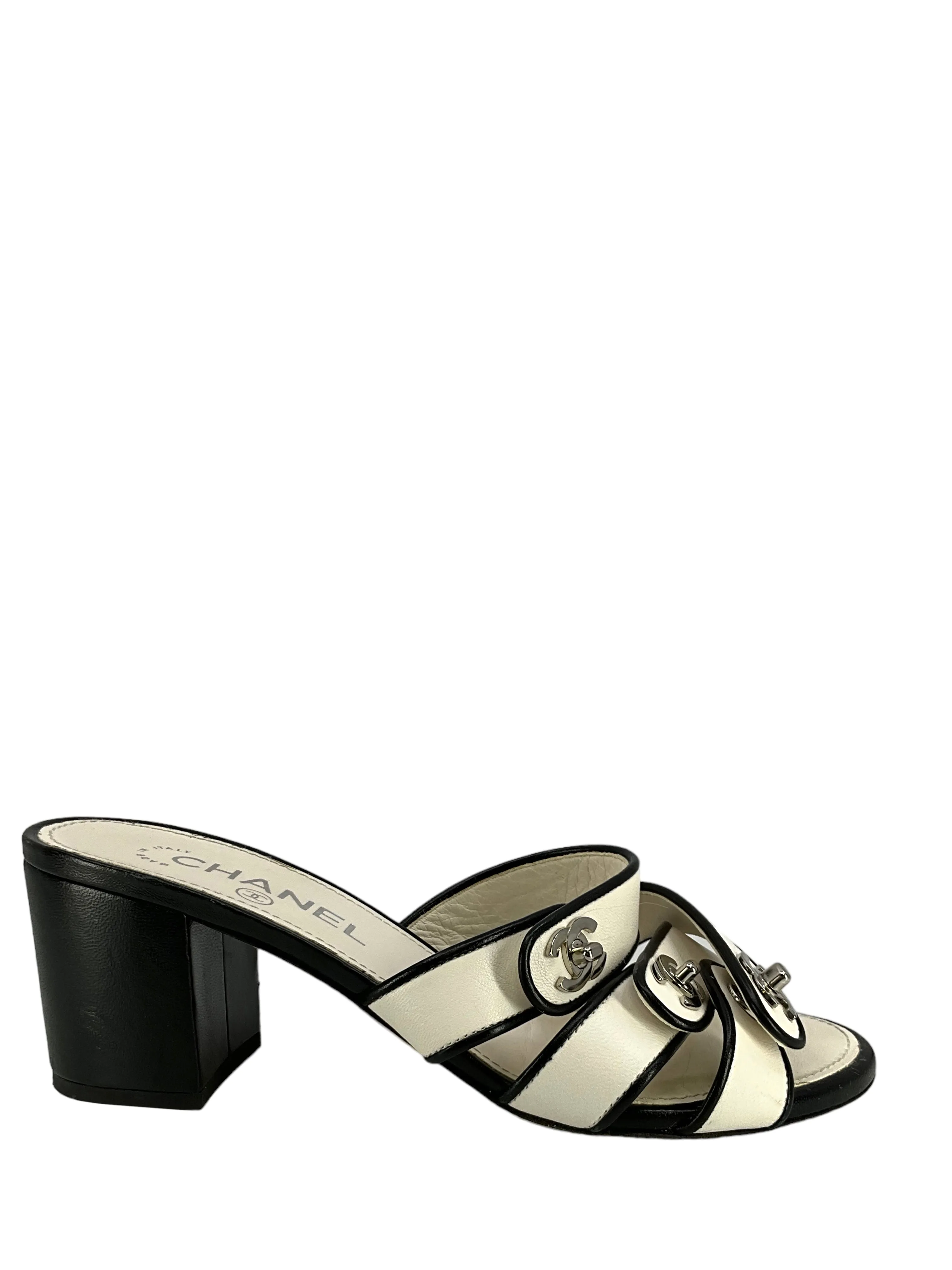 CHANEL CC Turnlock Leather Sandals Size 7