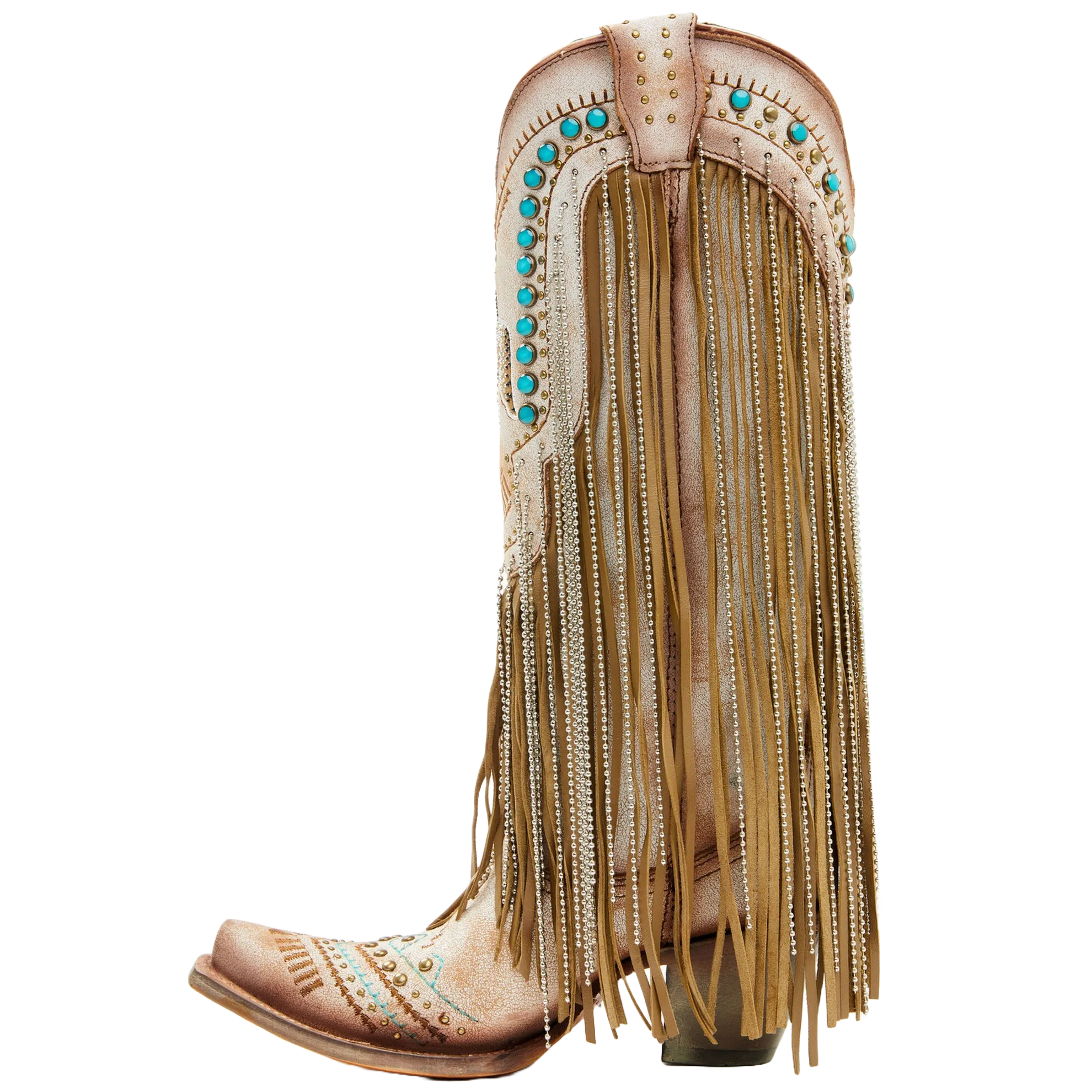 Corral Ladies Beige Crystals Eagle & Lamb Fringe Snip Toe Boots C4088