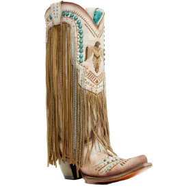 Corral Ladies Beige Crystals Eagle & Lamb Fringe Snip Toe Boots C4088