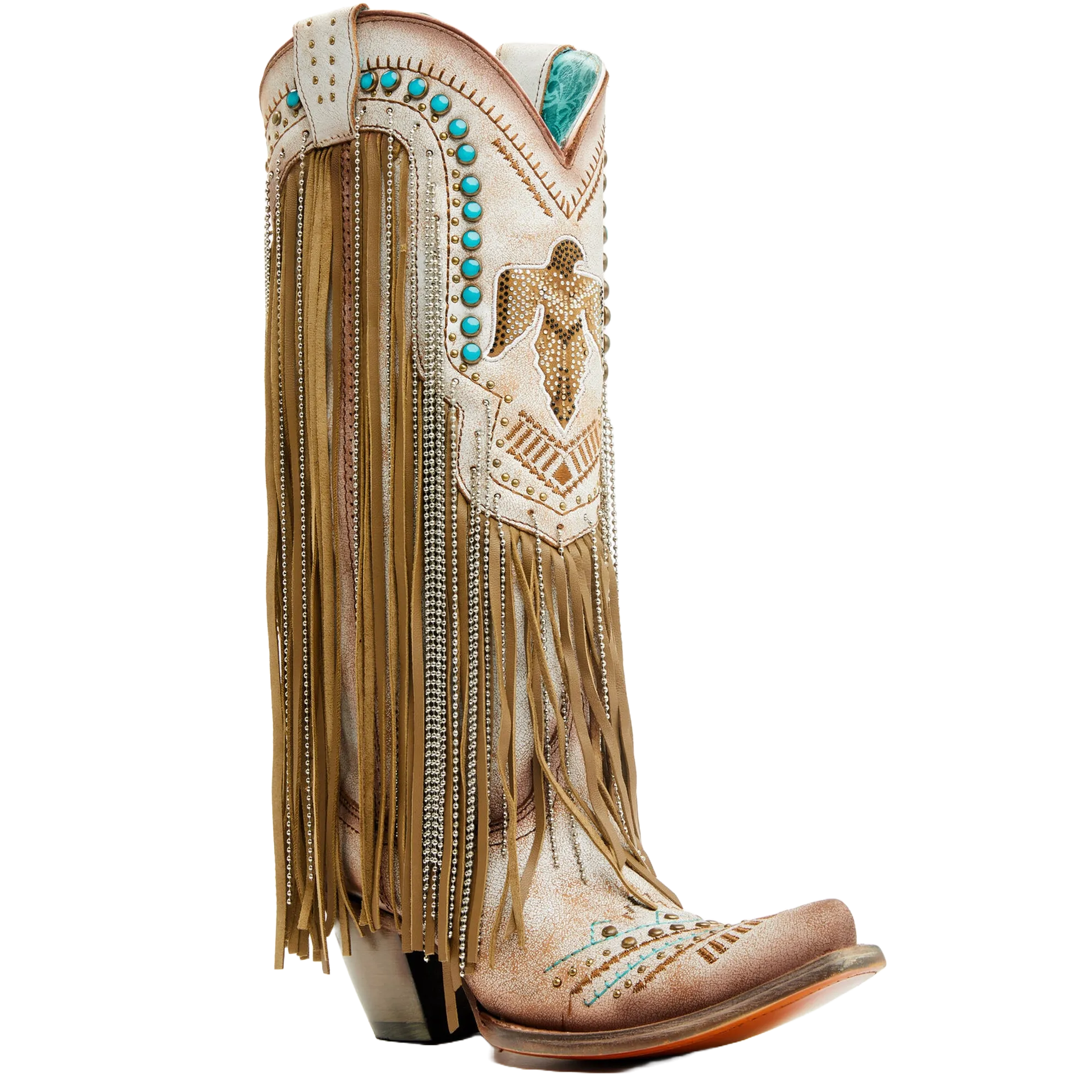 Corral Ladies Beige Crystals Eagle & Lamb Fringe Snip Toe Boots C4088