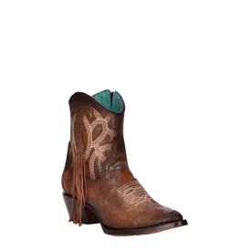 Corral Ladies Cognac Embroidery Studs & Fringe Ankle Boots C3865