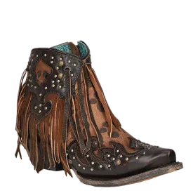 Corral Ladies Fringed Honey Brown Leopard Print Booties A4280