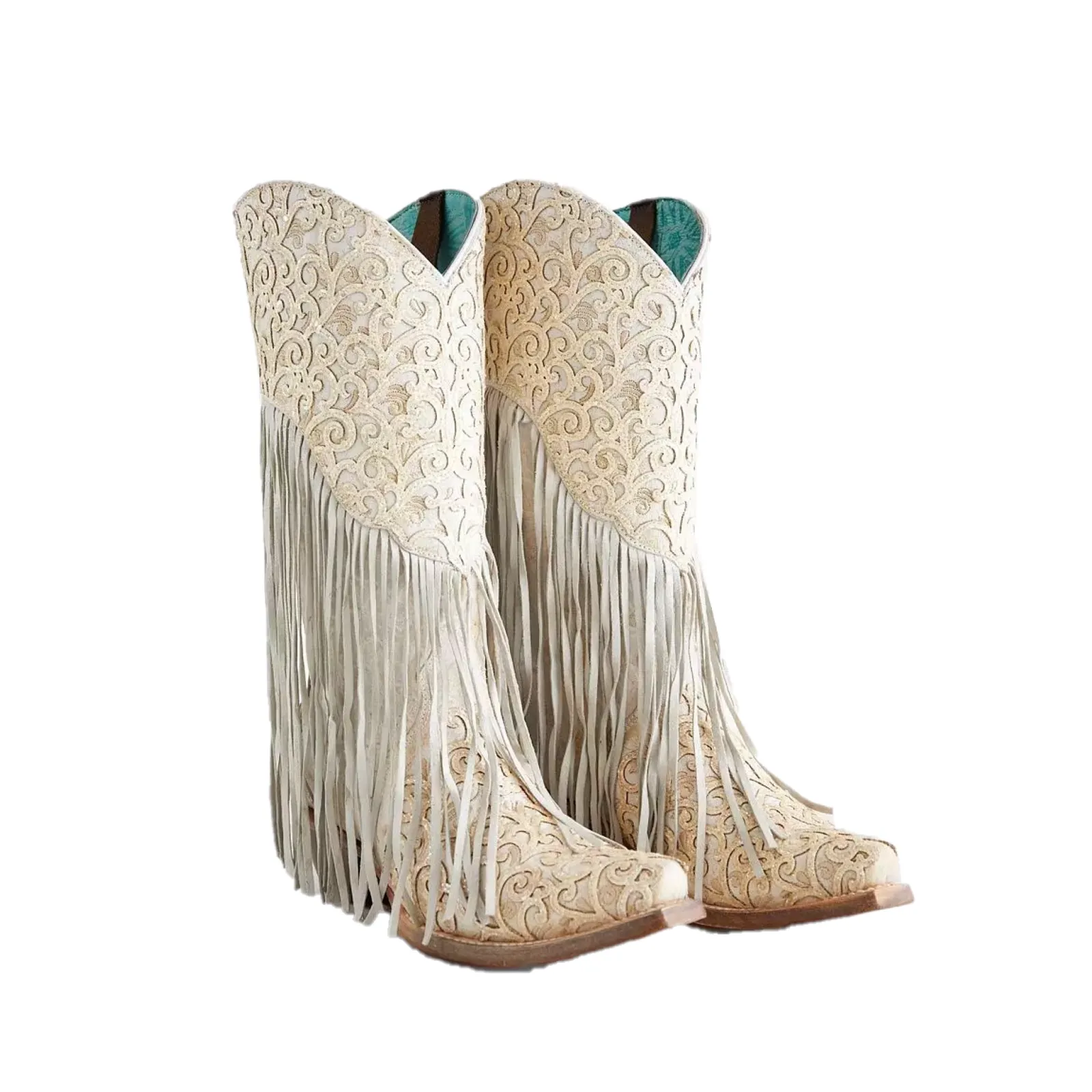 Corral Ladies Paisley Fringed Lamb Overlay White Snip Toe Boots C3955
