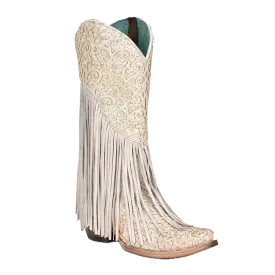 Corral Ladies Paisley Fringed Lamb Overlay White Snip Toe Boots C3955