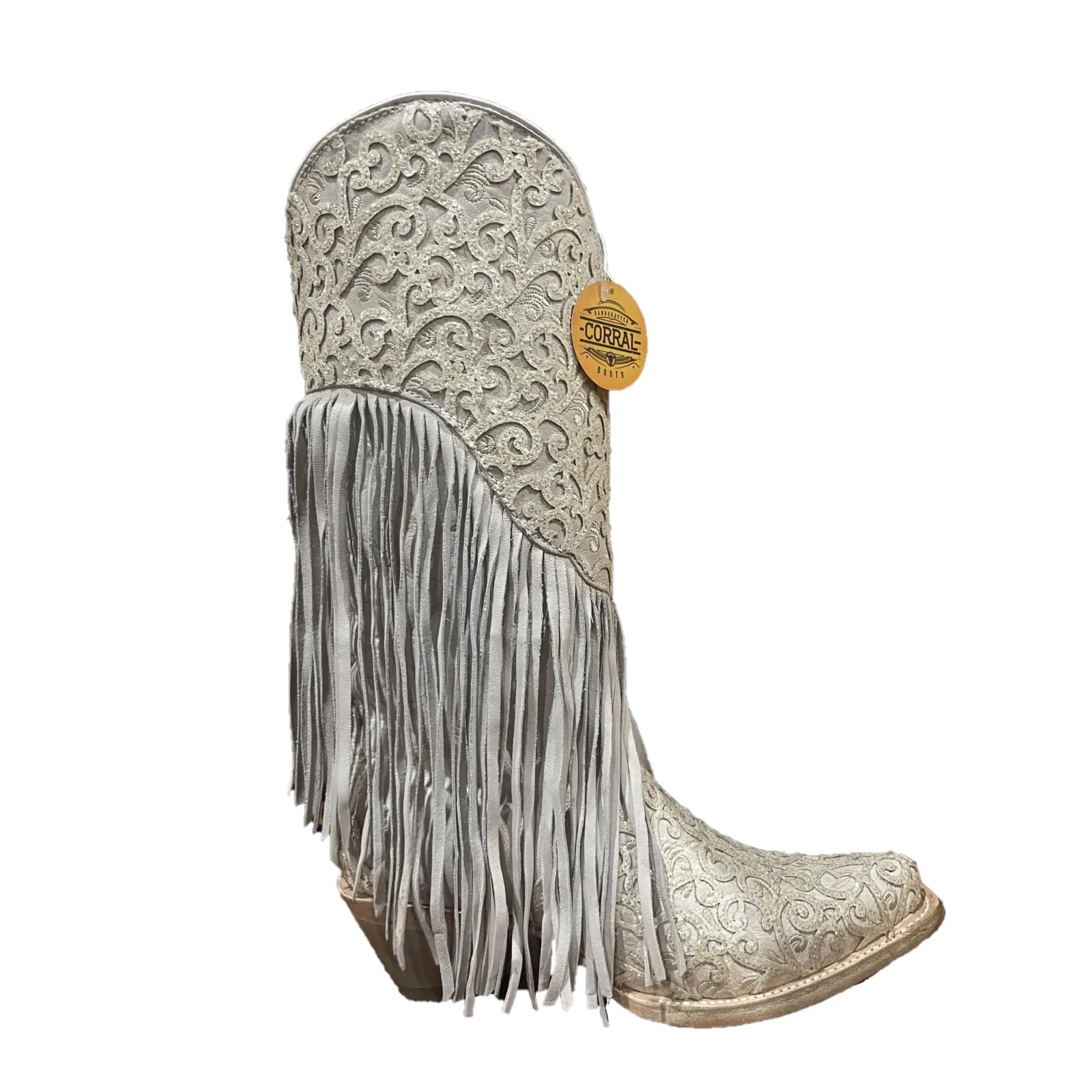 Corral Ladies Paisley Fringed Lamb Overlay White Snip Toe Boots C3955
