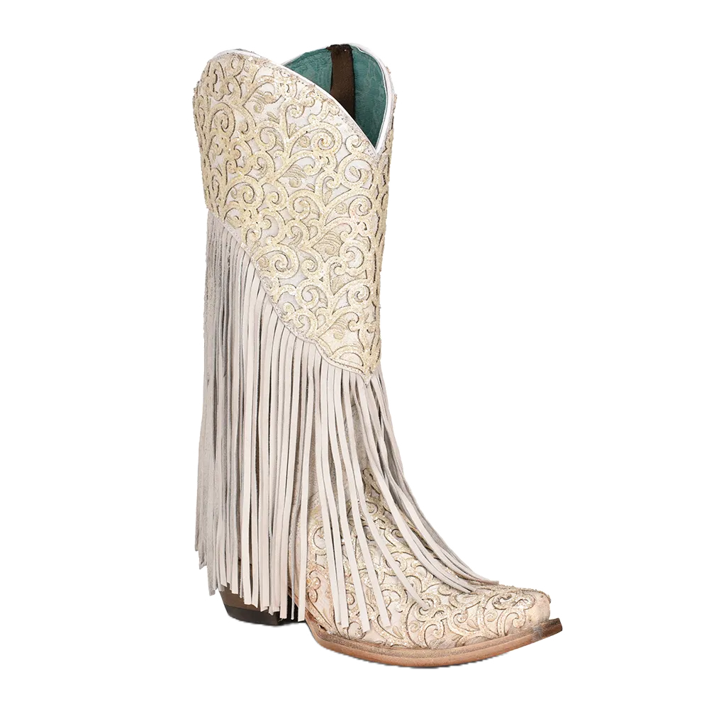 Corral Ladies Paisley Fringed Lamb Overlay White Snip Toe Boots C3955