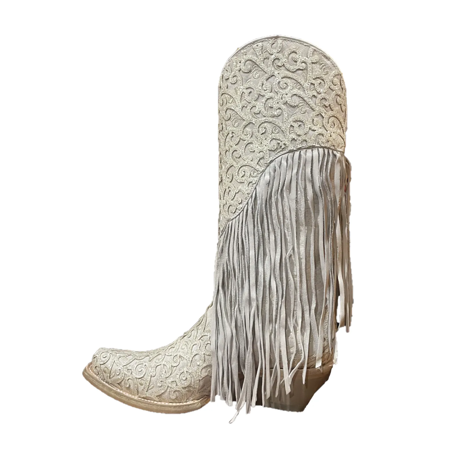 Corral Ladies Paisley Fringed Lamb Overlay White Snip Toe Boots C3955