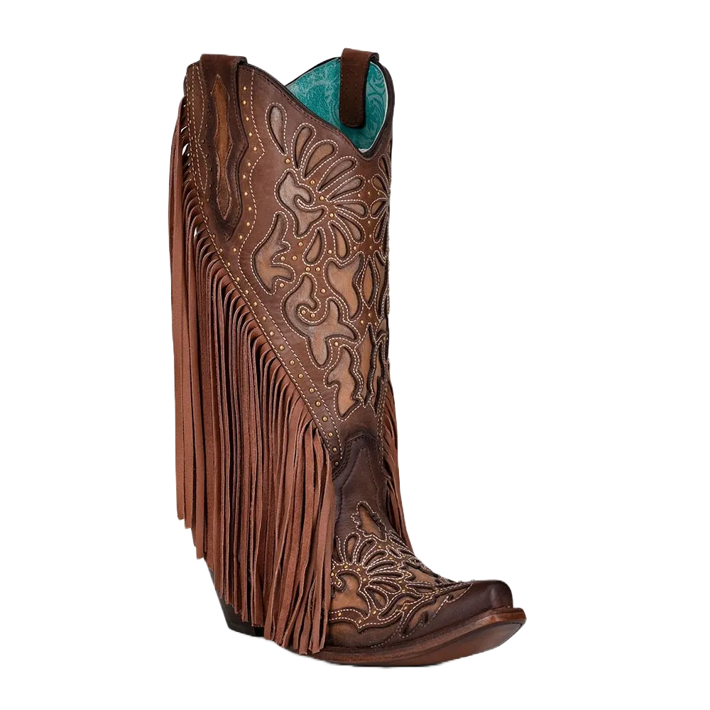 Corral Ladies Studs & Fringed Chocolate Laser & Embroidery Boots C3765