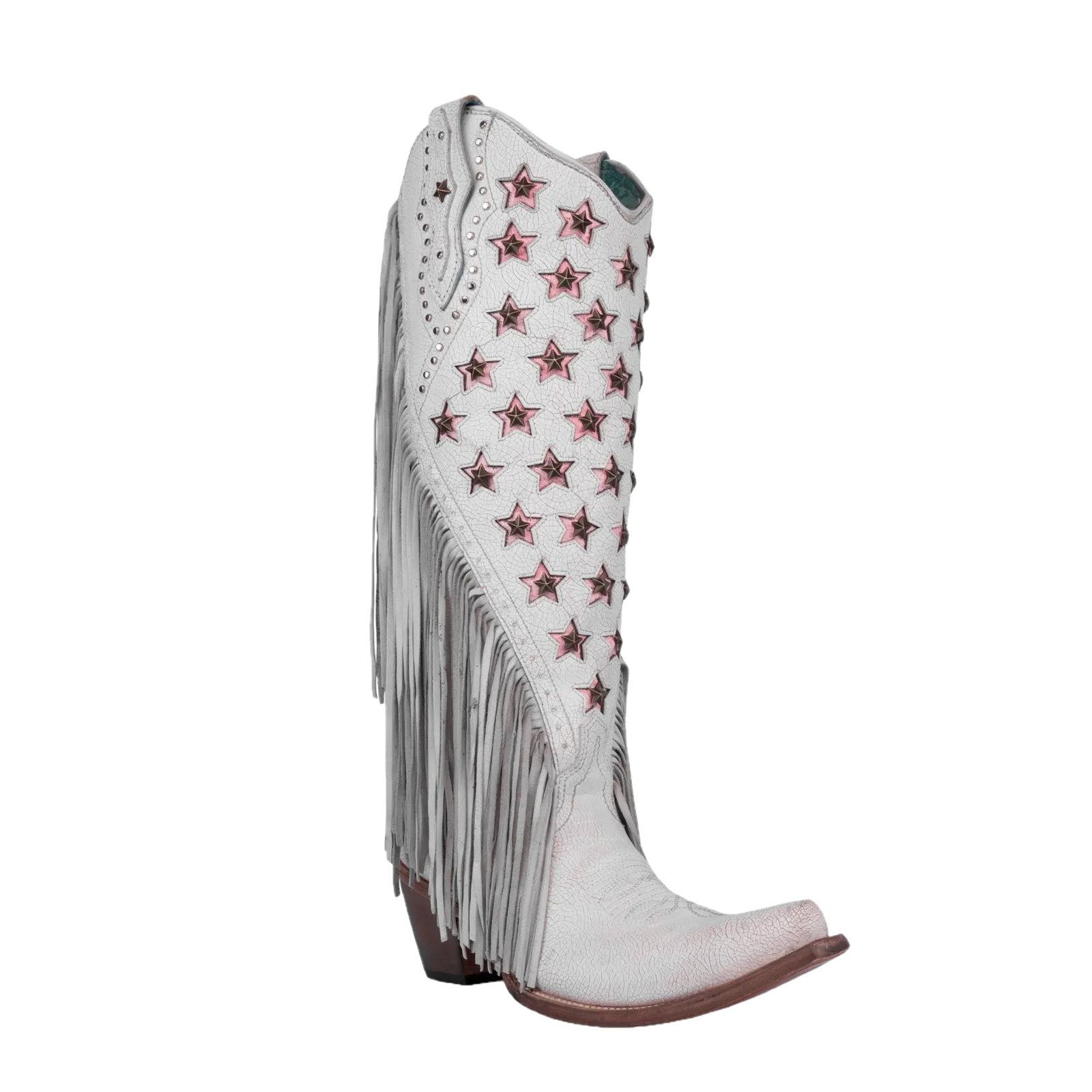 Corral Ladies White / Pink Star Studs Fringe Tall Snip Toe Boots C4084