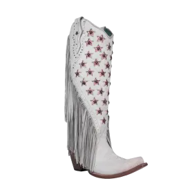 Corral Ladies White / Pink Star Studs Fringe Tall Snip Toe Boots C4084