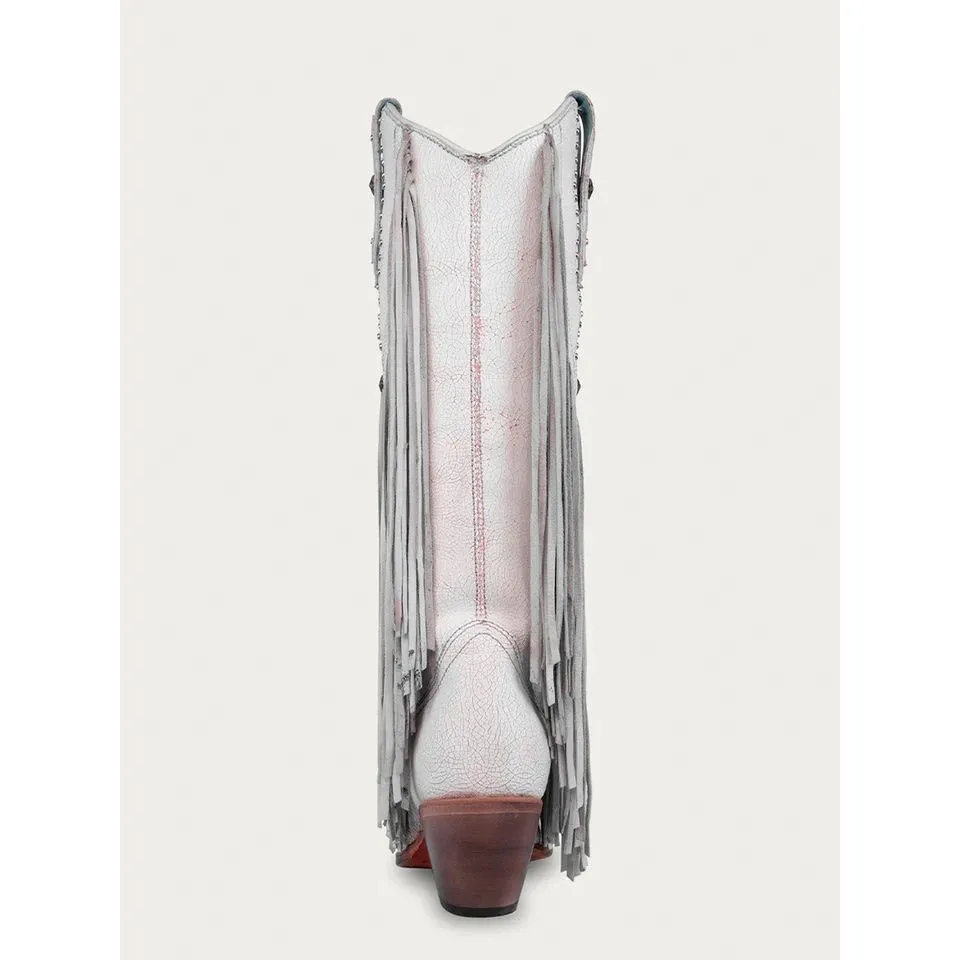 Corral Ladies White / Pink Star Studs Fringe Tall Snip Toe Boots C4084