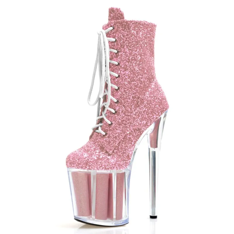 Glittered Lace High Heel Platform Dancer Ankle Boots in Red