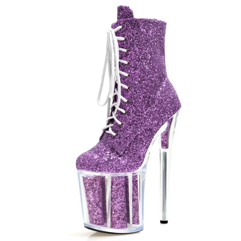 Glittered Lace High Heel Platform Dancer Ankle Boots in Red
