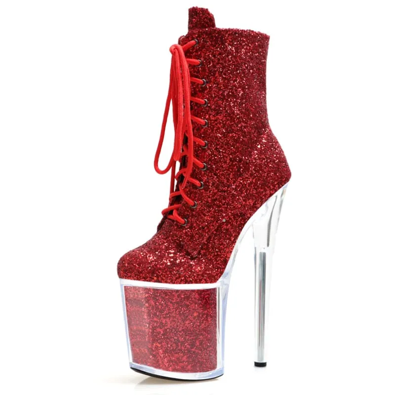Glittered Lace High Heel Platform Dancer Ankle Boots in Red