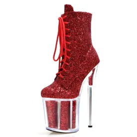 Glittered Lace High Heel Platform Dancer Ankle Boots in Red