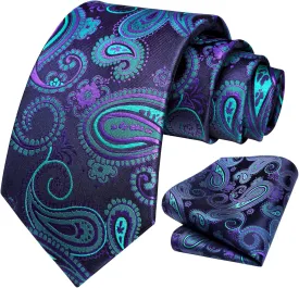 HISDERN Extra Long Ties for Men Classic Floral Tie and Pocket Square Elegant Silk Necktie Handkerchief Set Wedding Party