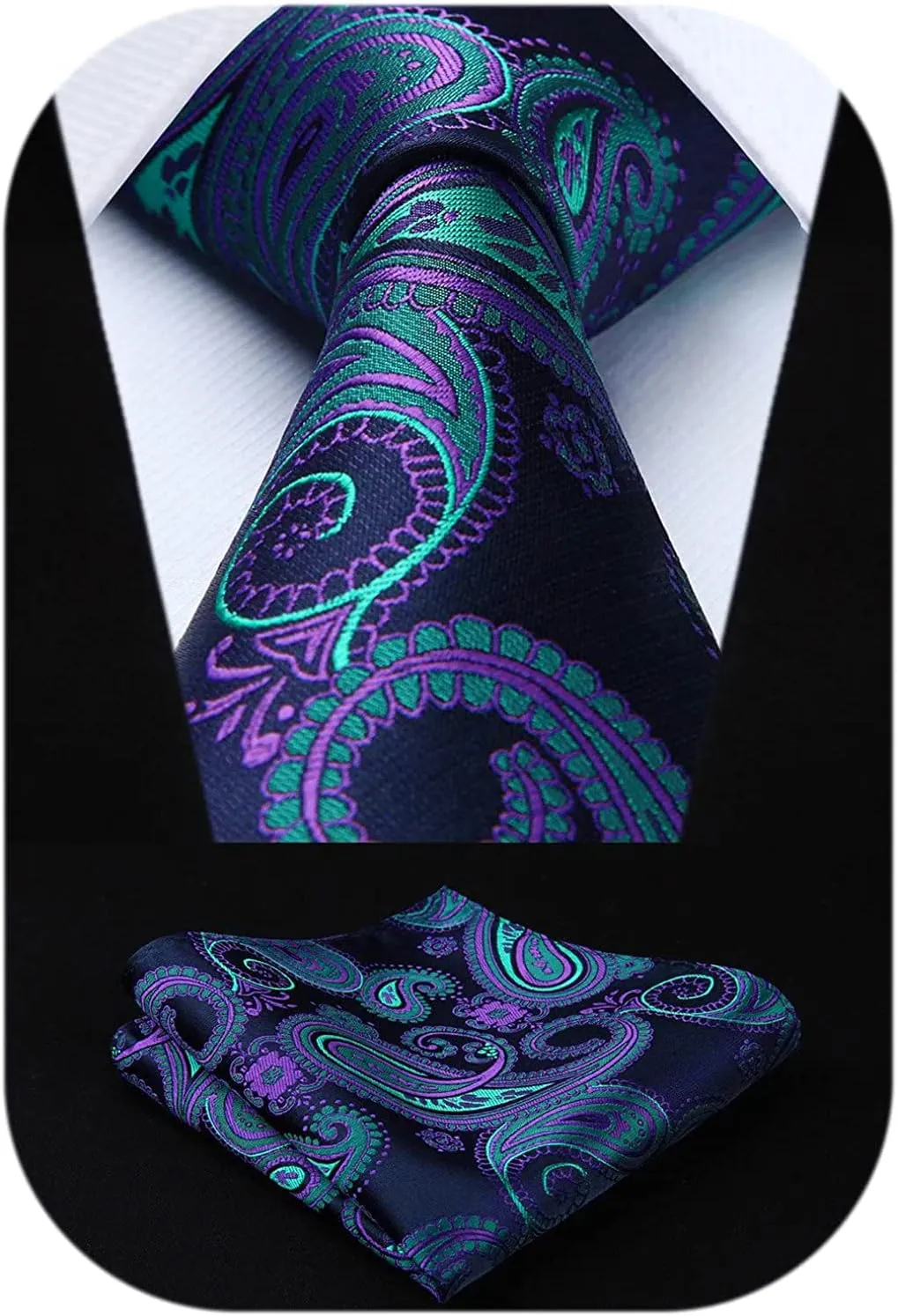 HISDERN Extra Long Ties for Men Classic Floral Tie and Pocket Square Elegant Silk Necktie Handkerchief Set Wedding Party