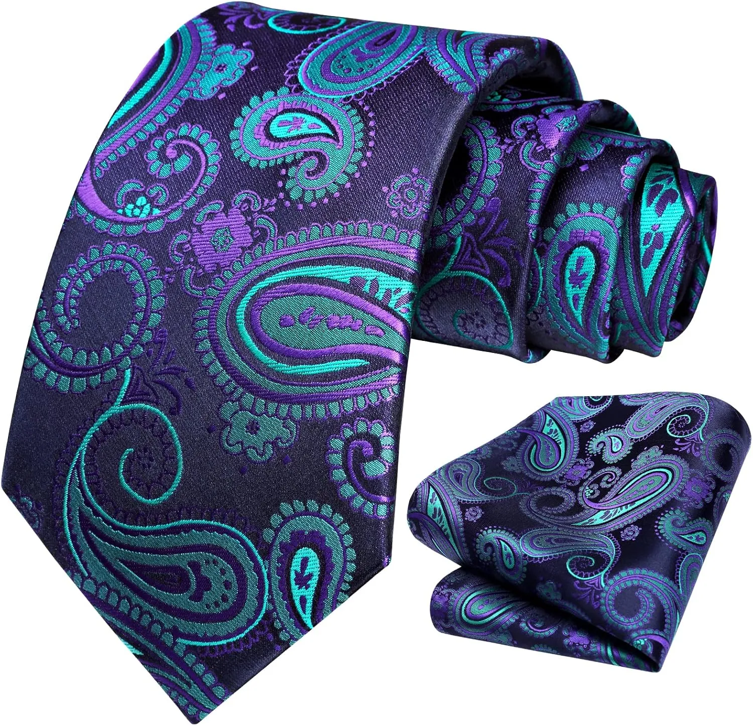 HISDERN Extra Long Ties for Men Classic Floral Tie and Pocket Square Elegant Silk Necktie Handkerchief Set Wedding Party