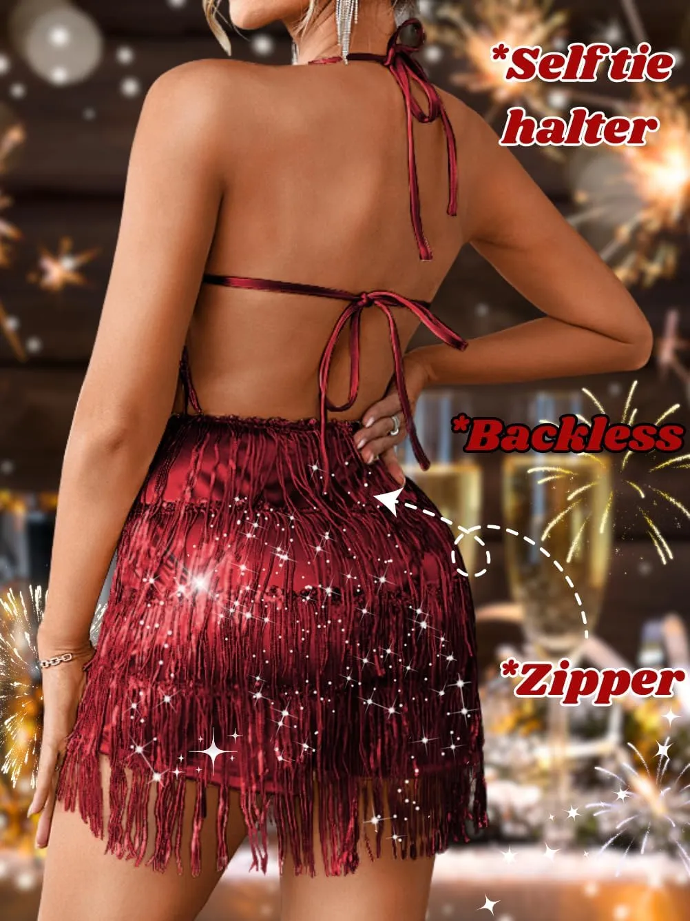 Kaei&Shi Sequin Fringe Romper,Sparkly Glitter Metallic Jumpsuits For Women,Backless Shorts Dress Disco Birthday Dance Outfit