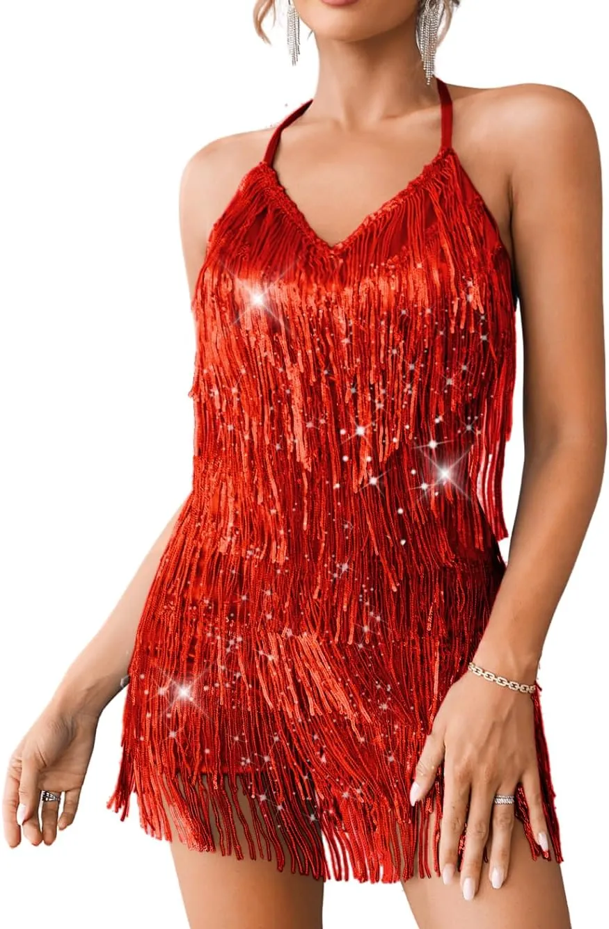 Kaei&Shi Sequin Fringe Romper,Sparkly Glitter Metallic Jumpsuits For Women,Backless Shorts Dress Disco Birthday Dance Outfit