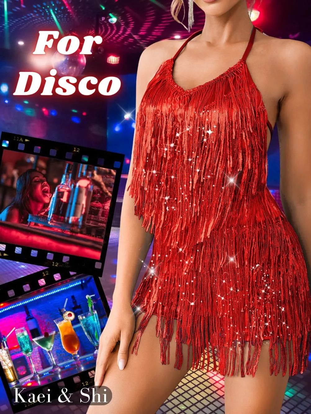 Kaei&Shi Sequin Fringe Romper,Sparkly Glitter Metallic Jumpsuits For Women,Backless Shorts Dress Disco Birthday Dance Outfit