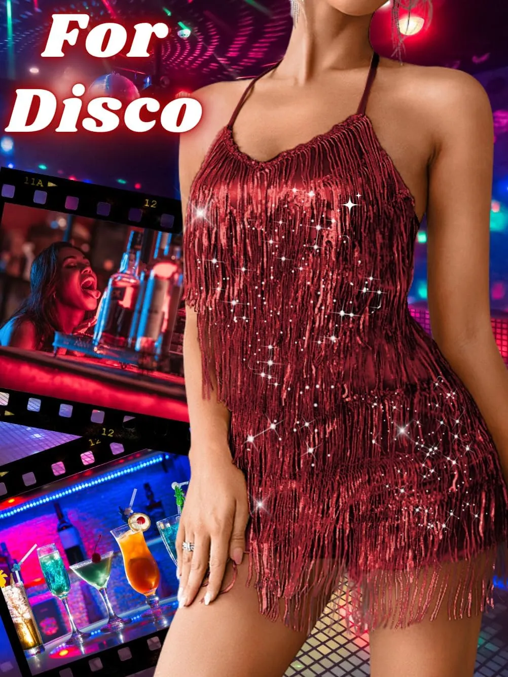 Kaei&Shi Sequin Fringe Romper,Sparkly Glitter Metallic Jumpsuits For Women,Backless Shorts Dress Disco Birthday Dance Outfit