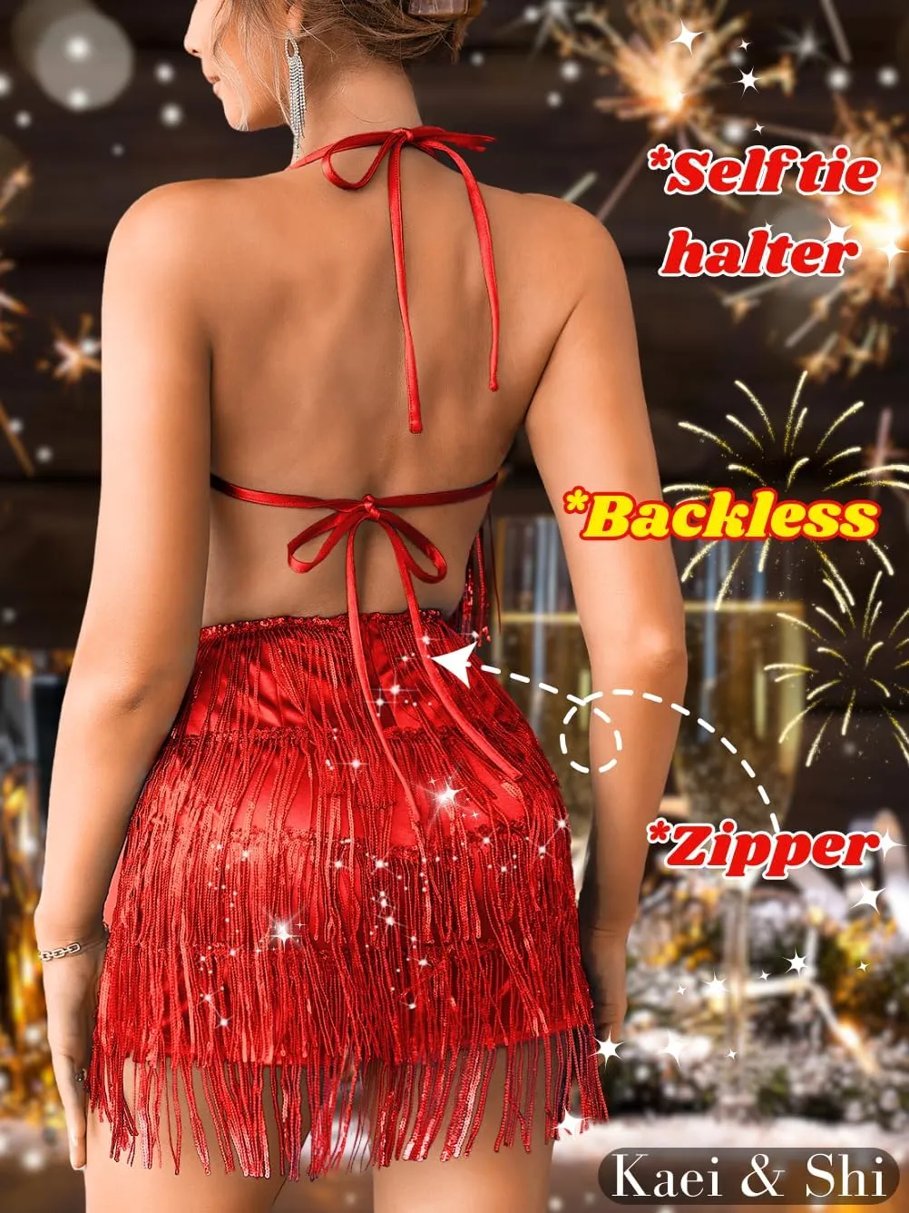 Kaei&Shi Sequin Fringe Romper,Sparkly Glitter Metallic Jumpsuits For Women,Backless Shorts Dress Disco Birthday Dance Outfit