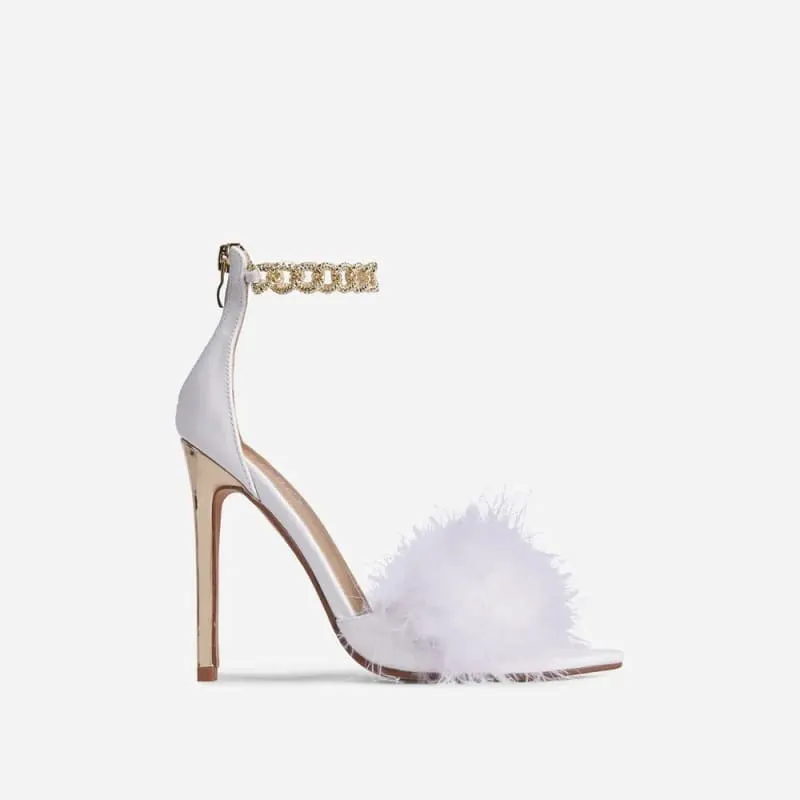 Lavender Fluffy Fur Fronted High Heel Sandals with Chain Ankle Detail
