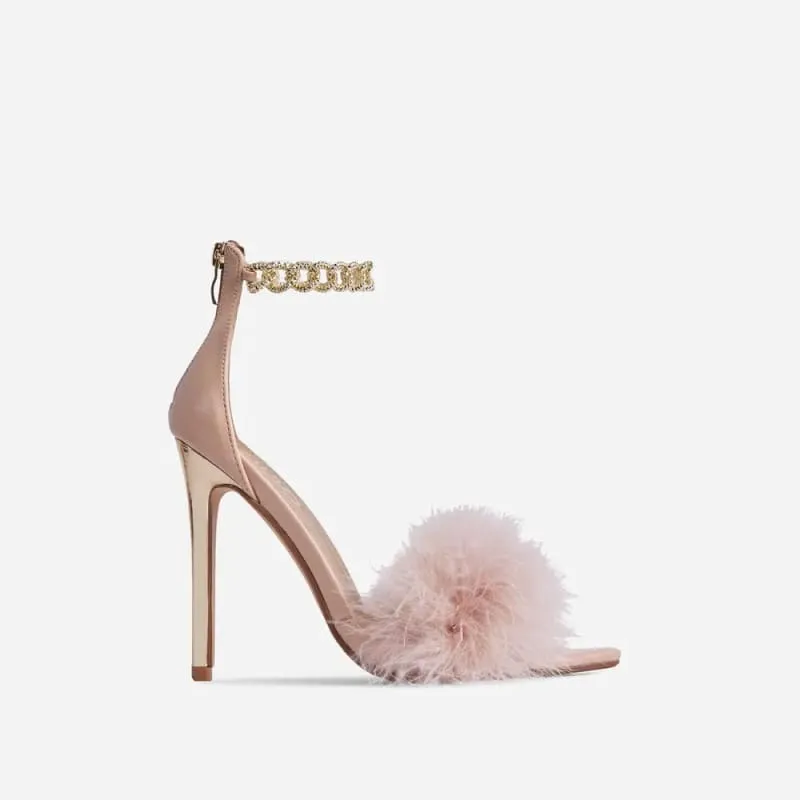 Lavender Fluffy Fur Fronted High Heel Sandals with Chain Ankle Detail