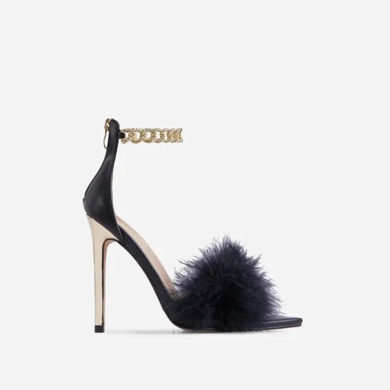 Lavender Fluffy Fur Fronted High Heel Sandals with Chain Ankle Detail