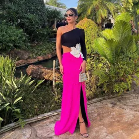 Opulent Pearl Flower One Shoulder Cut Out Waist Thigh Split Maxi Evening Dress