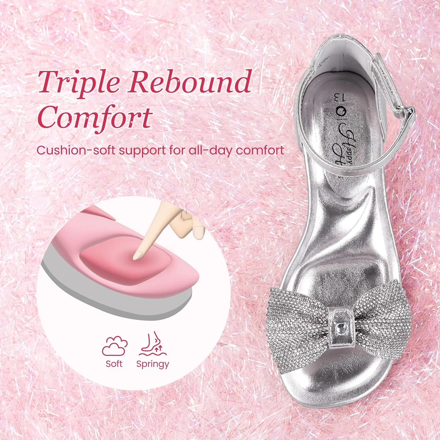 PATPAT Girls Low Heel Sandals with Removable Bow ?C Open Toe Dress Shoes for Flower Girl Wedding Party, Ankle Strap Princess Shoes for Little Big Kids, Sizes 11-6