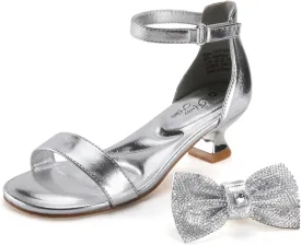 PATPAT Girls Low Heel Sandals with Removable Bow ?C Open Toe Dress Shoes for Flower Girl Wedding Party, Ankle Strap Princess Shoes for Little Big Kids, Sizes 11-6