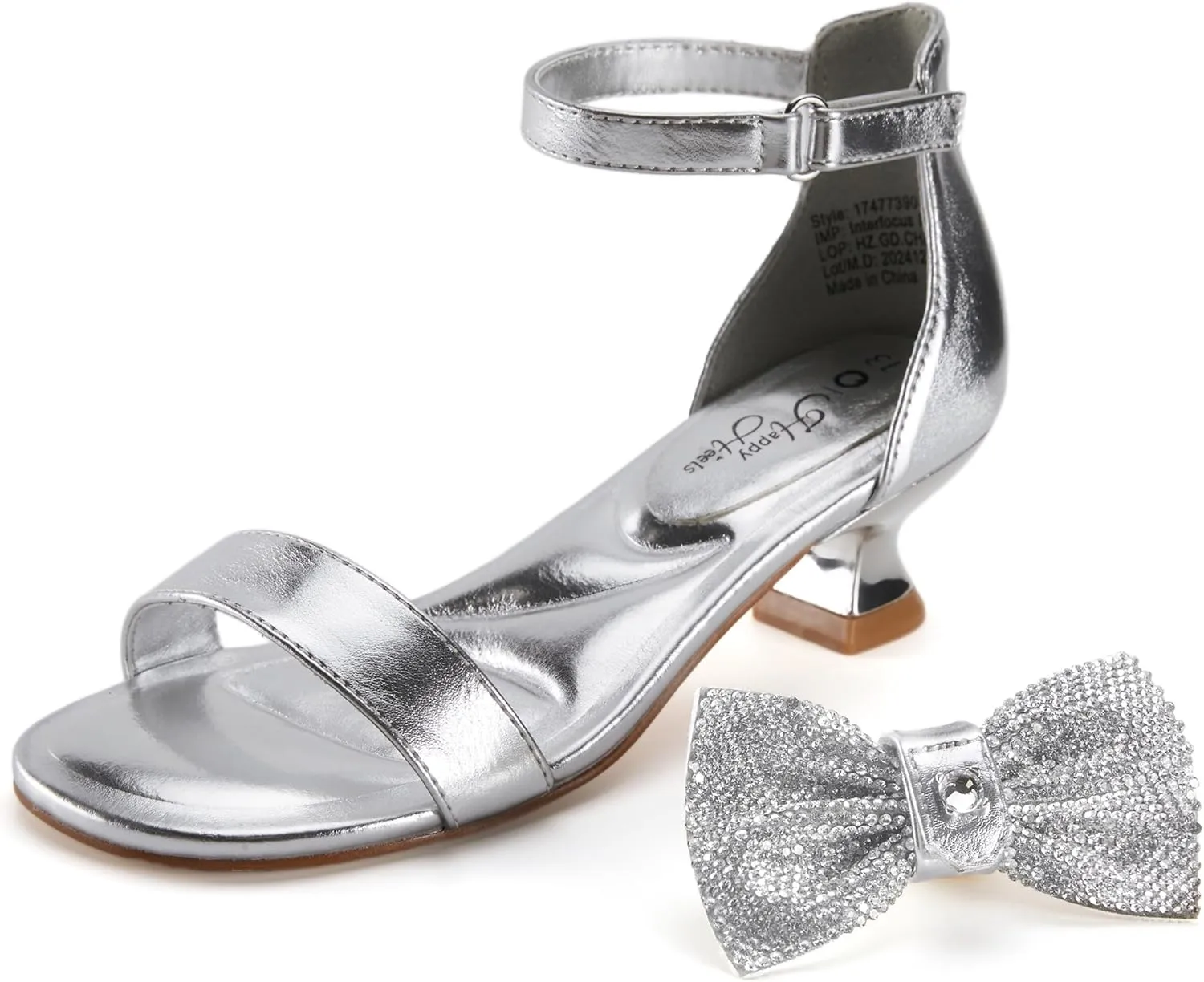 PATPAT Girls Low Heel Sandals with Removable Bow ?C Open Toe Dress Shoes for Flower Girl Wedding Party, Ankle Strap Princess Shoes for Little Big Kids, Sizes 11-6