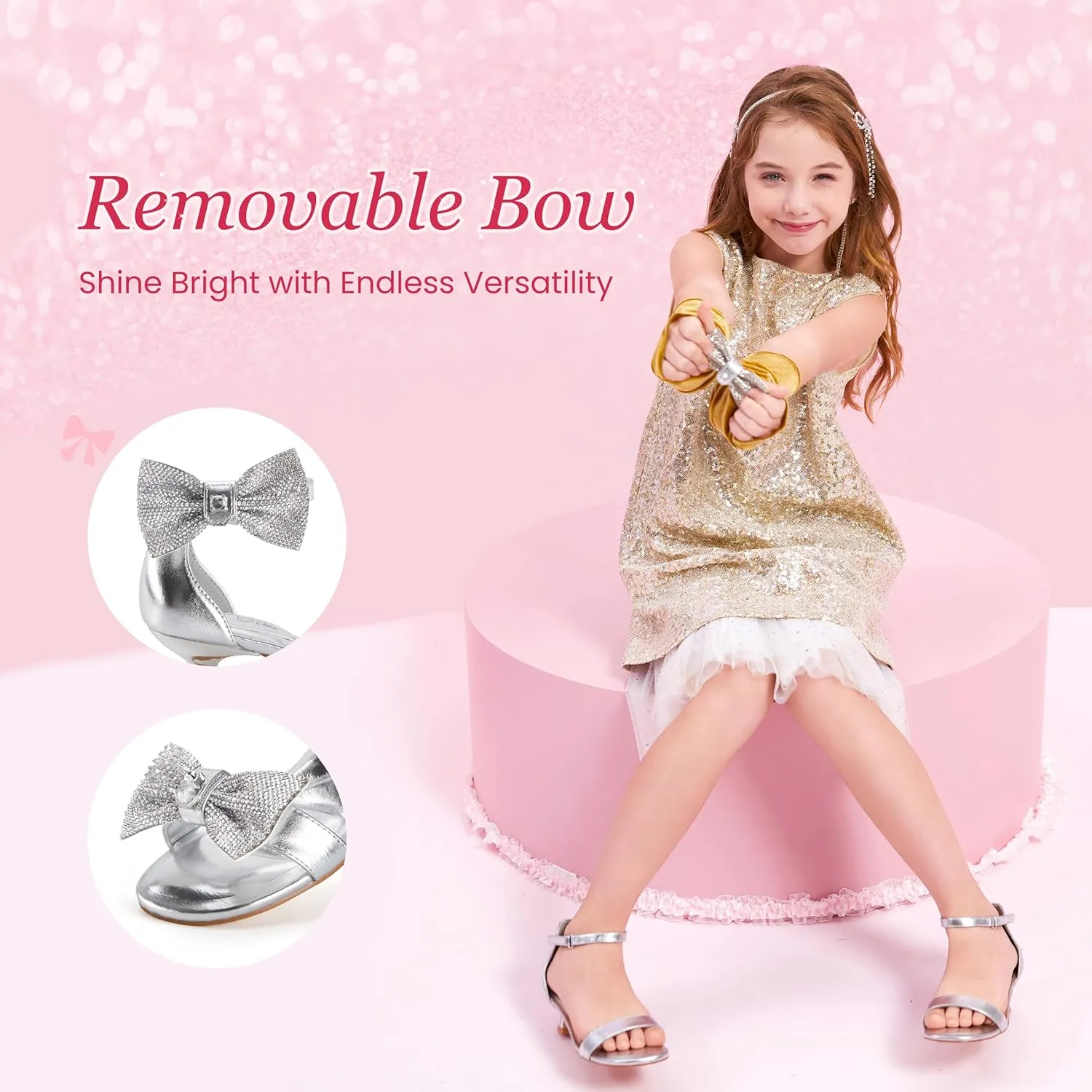 PATPAT Girls Low Heel Sandals with Removable Bow ?C Open Toe Dress Shoes for Flower Girl Wedding Party, Ankle Strap Princess Shoes for Little Big Kids, Sizes 11-6