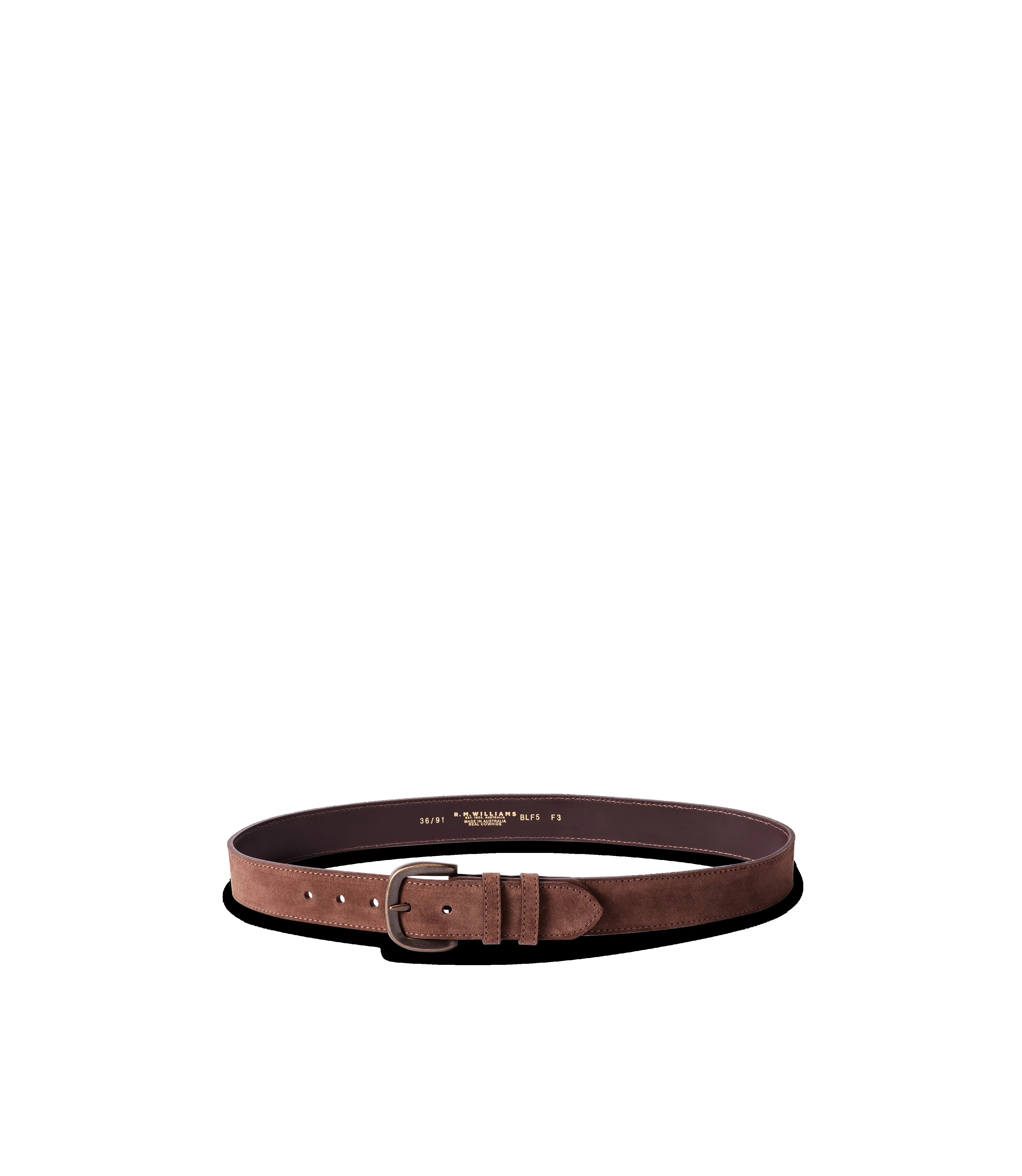 R.M.Williams - Ryder Belt - Suede - Dark Bronze Hardware - Brown