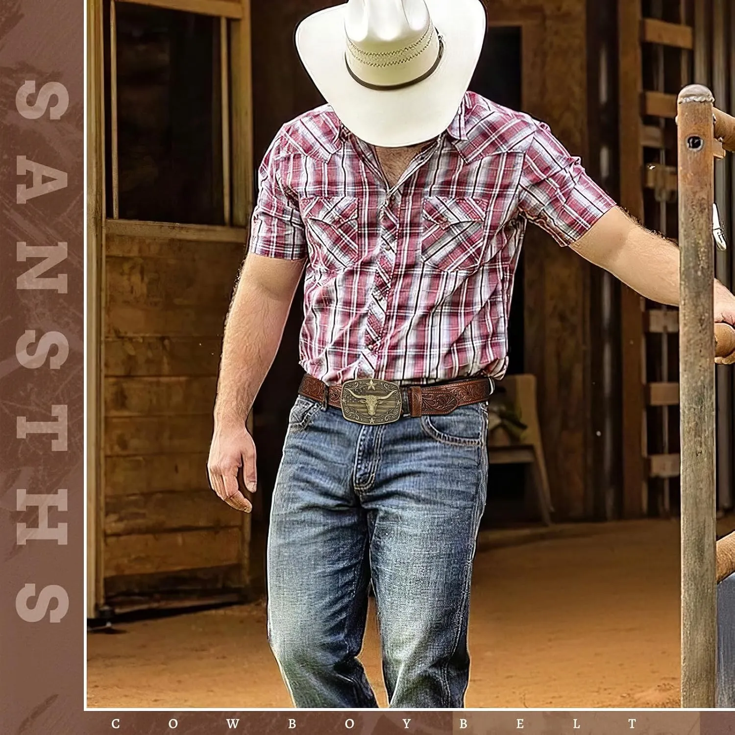 SANSTHS Western Cowboy Belts for Men Women, Mens Western Belt Bull Buckle Country Belt Cowboy Leather Belt for Jeans