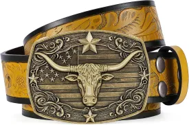 SANSTHS Western Cowboy Belts for Men Women, Mens Western Belt Bull Buckle Country Belt Cowboy Leather Belt for Jeans