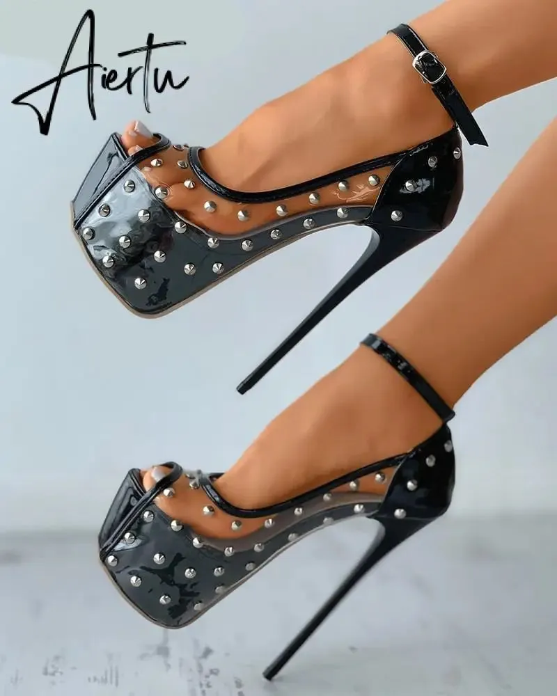 Sexy High Heels Ladies Women Sandals Rivet Metal Peep Toe Platform Thick Soles Stiletto PVC Club Banquet Summer Shoes