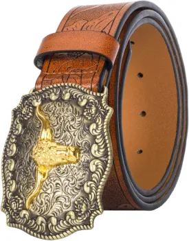 Western Cowboy PU Leather Belt - Men Waist Strap Bull Decoration Floral Engraved for Jeans 25" to 38" Waist