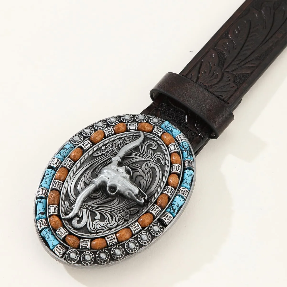 Western Cowboy PU Leather Belt - Men Waist Strap Bull Decoration Floral Engraved for Jeans 25" to 38" Waist