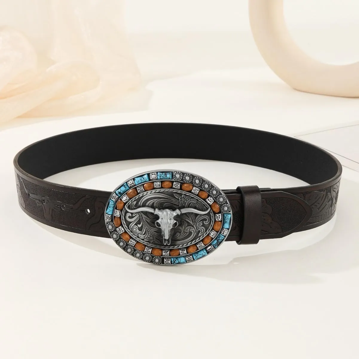 Western Cowboy PU Leather Belt - Men Waist Strap Bull Decoration Floral Engraved for Jeans 25" to 38" Waist