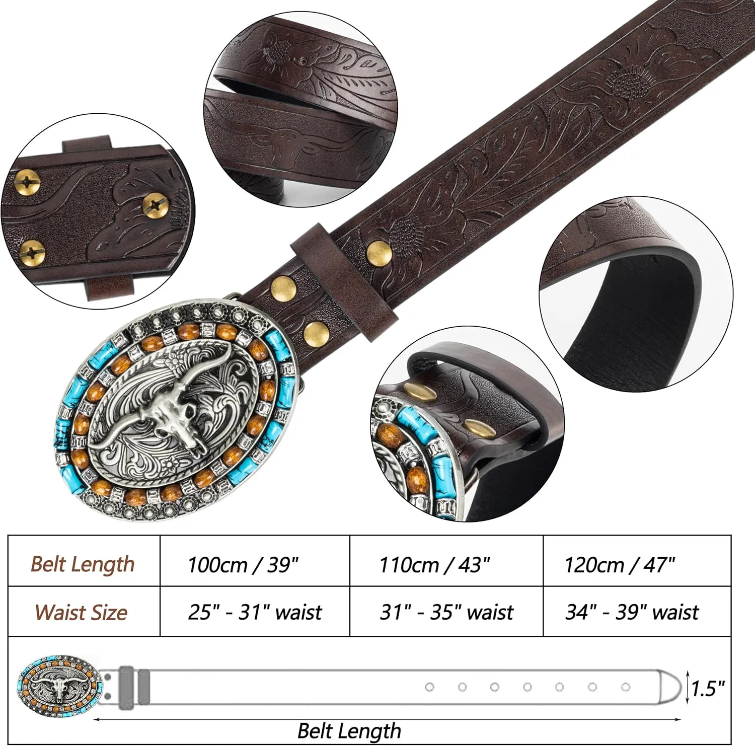 Western Cowboy PU Leather Belt - Men Waist Strap Bull Decoration Floral Engraved for Jeans 25" to 38" Waist