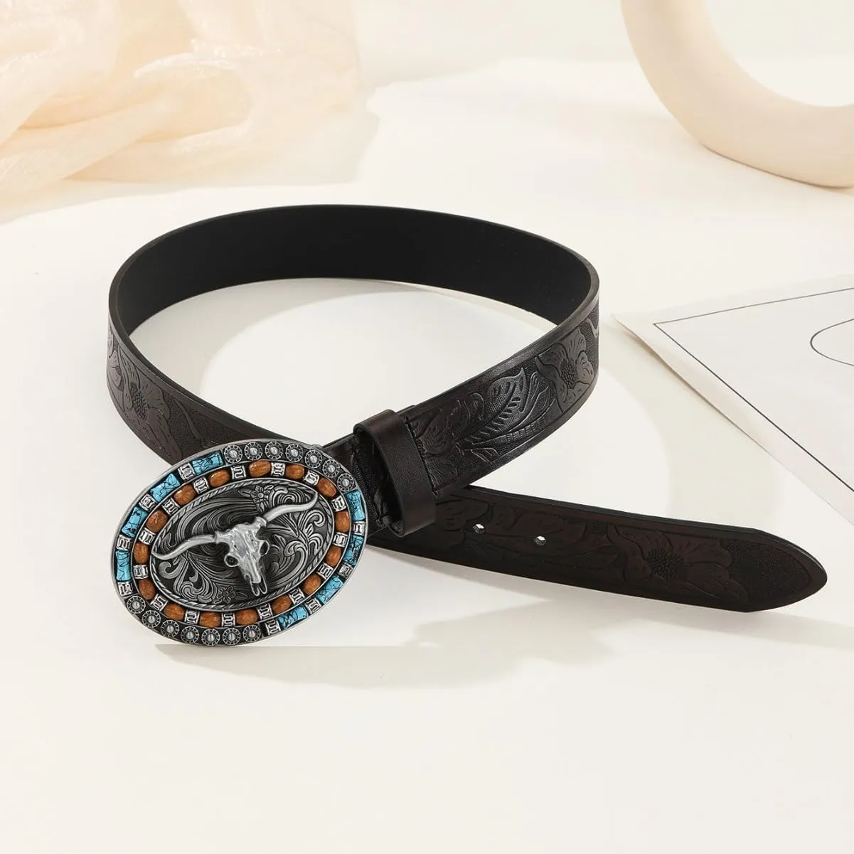 Western Cowboy PU Leather Belt - Men Waist Strap Bull Decoration Floral Engraved for Jeans 25" to 38" Waist