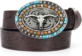 Western Cowboy PU Leather Belt - Men Waist Strap Bull Decoration Floral Engraved for Jeans 25" to 38" Waist