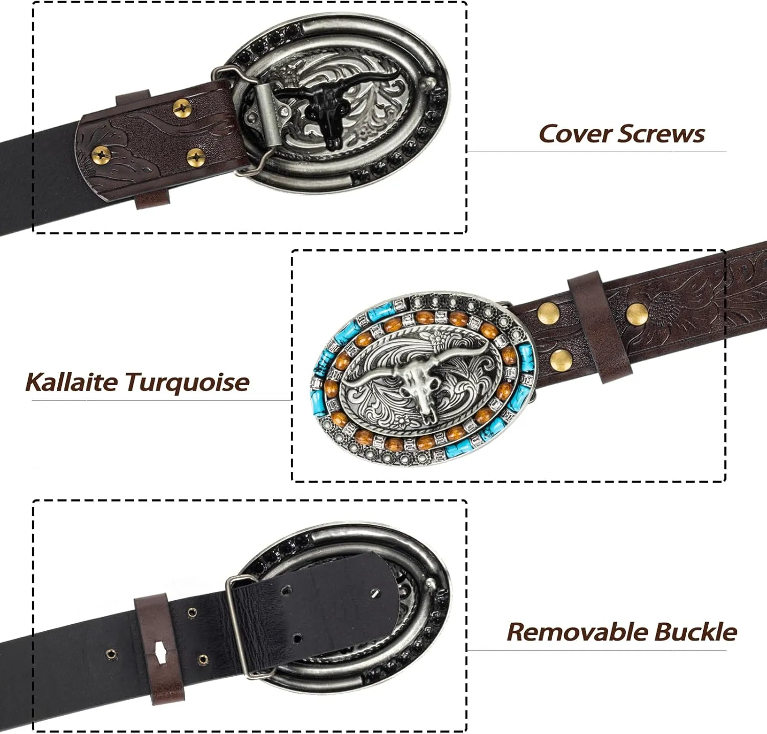 Western Cowboy PU Leather Belt - Men Waist Strap Bull Decoration Floral Engraved for Jeans 25" to 38" Waist