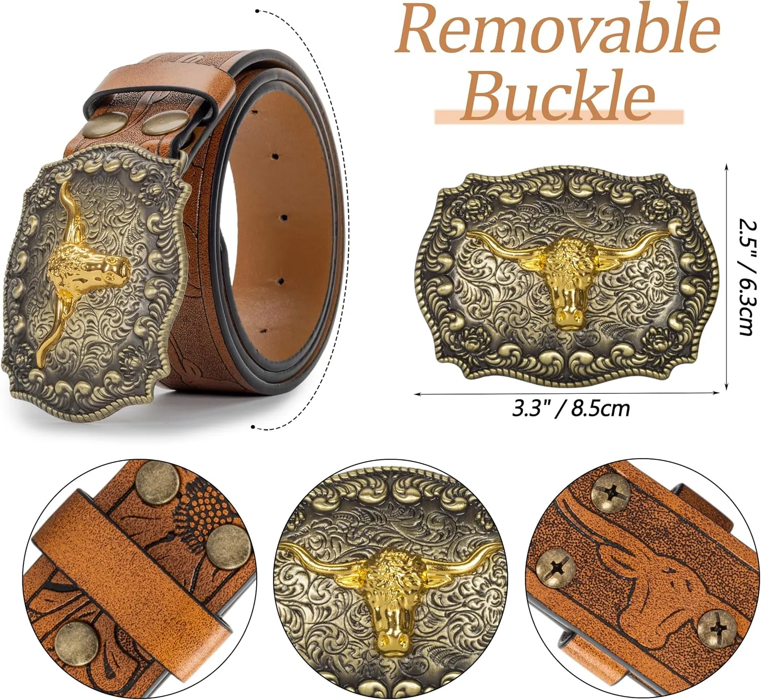 Western Cowboy PU Leather Belt - Men Waist Strap Bull Decoration Floral Engraved for Jeans 25" to 38" Waist