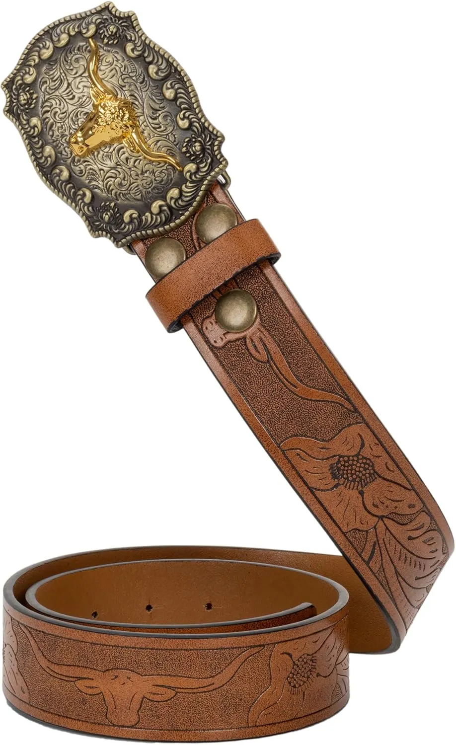 Western Cowboy PU Leather Belt - Men Waist Strap Bull Decoration Floral Engraved for Jeans 25" to 38" Waist